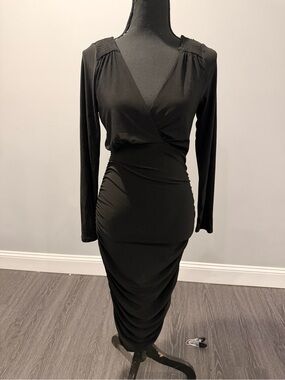 Haute Monde Black Long-Sleeve Ruched Wrap Midi Dress